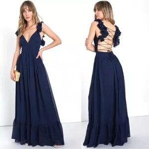 LULUS Soiree Celebration Navy Blue Ruffled Lace-Up Maxi Dress medium retails $98